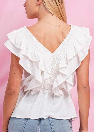 White ruffle V-neck tank top with back ruched detailing and flutter sleeves