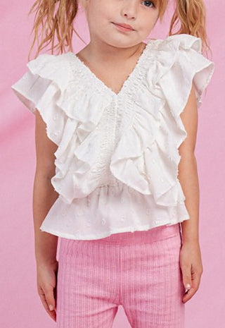 White ruffle V-neck tank top with tiered ruffles and small dot texture