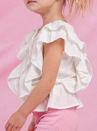 White ruffle V-neck tank top with layered shoulder flutter sleeves
