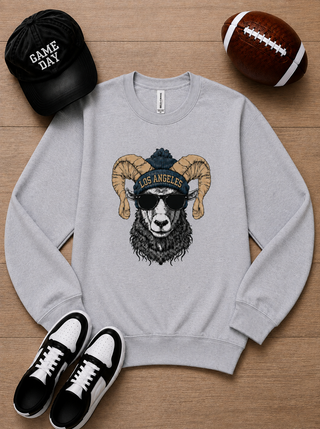 Light gray long-sleeve crewneck sweatshirt with Los Angeles ram head graphic