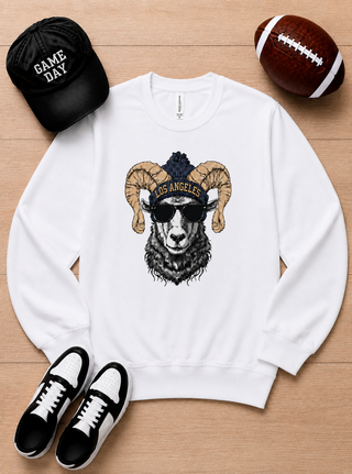 White long sleeve crewneck sweatshirt with Los Angeles graphic dog wearing black sunglasses.
