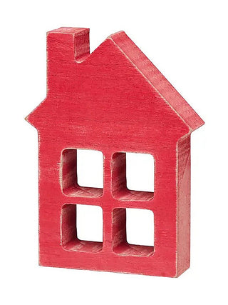 Red wooden house-shaped wall decor with heart window cutouts