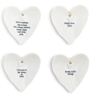 Set of 4 white heart-shaped ceramic ring dishes with gold loop and engraved quotes