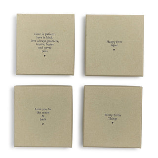 Set of 4 beige square ceramic ring dishes with engraved love quotes