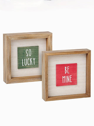 Reversible wood sign with framed cards reading "So Lucky" and "Be Mine"