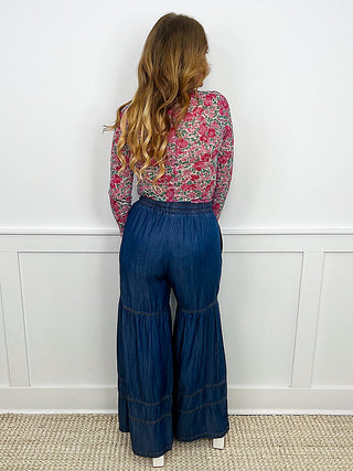 High-rise wide-leg dark wash denim pants, back view, with drawstring waist