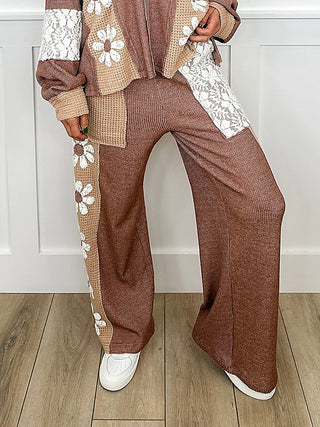 High-rise knit wide-leg pants in mocha brown