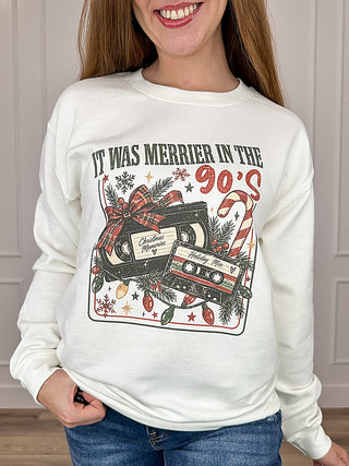 Merrier in the 90's Cotton Blend Long Sleeve White Avery Mae Graphic Crewneck Sweatshirt (Gildan) | Avery Mae Boutique
