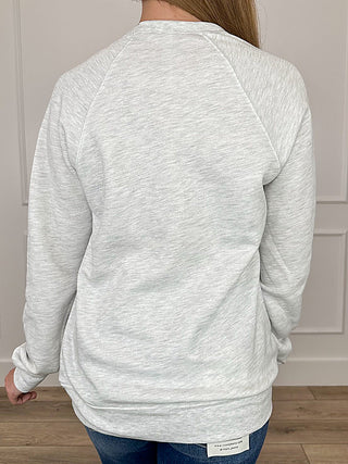 Light grey crewneck sweatshirt back view, long sleeves