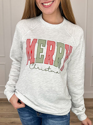 Light grey crewneck sweatshirt with colorful Merry Christmas graphic on front