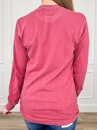Red long-sleeve crew-neck T-shirt with plain back and curved hem