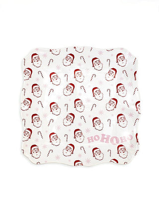 White ceramic platter with red Santa faces and HOHOHO print