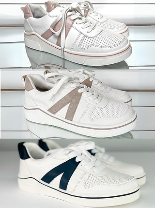MIA faux leather sneakers, white with pink, taupe, and navy panels, lace-up platform.