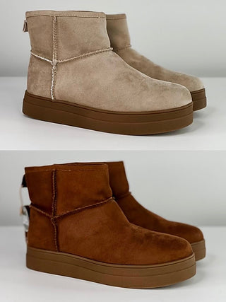 Faux suede platform ankle booties, pull-on with side gore; tan and dark brown pair