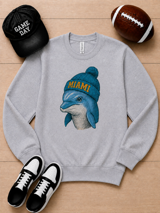 Light gray long-sleeve crewneck sweatshirt with Miami dolphin graphic