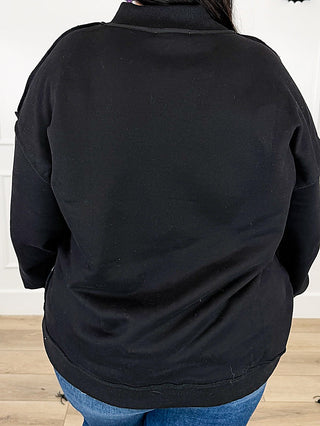Back view of black mock-neck long-sleeve sweatshirt, plain