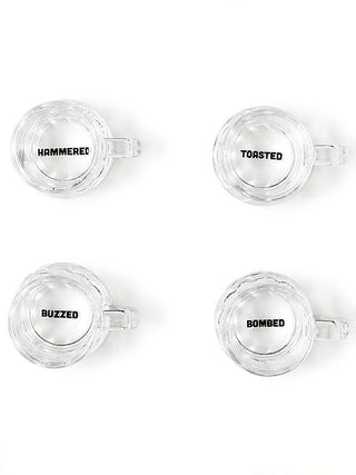 Set of four clear mini beer mug shot glasses with handles, etched: HAMMERED TOASTED BUZZED BOMBED