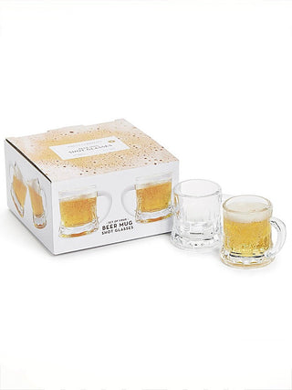 Mini beer mug shot glass set, clear glass mugs with handles, shown with gift box