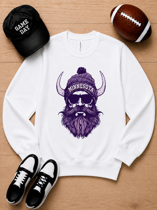 White long-sleeve crewneck sweatshirt with Minnesota purple horned mascot graphic