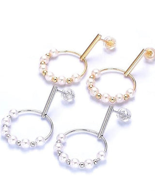 Pearl drop hoop earrings with beaded rings, gold- and silver-tone finish