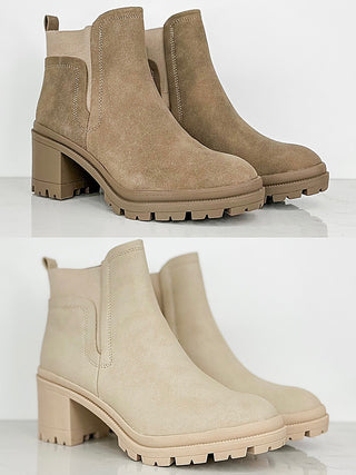 Bone and mocha faux suede ankle booties with side elastic gore and lug sole