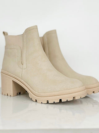 Bone faux suede ankle booties with side elastic gore and chunky block heel