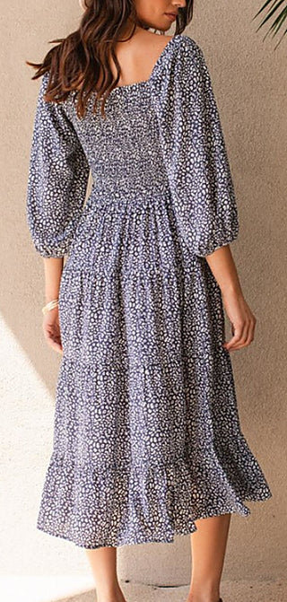 Printed midi dress with square neckline, long puff sleeves, gathered tiered skirt