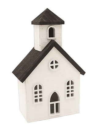 White wooden house shelf sitter with dark steeple roof and arched window details