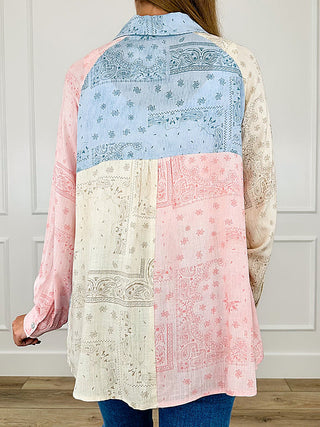 Women's patchwork rayon blend button-up top back, long sleeves; pastel blue, pink, cream.
