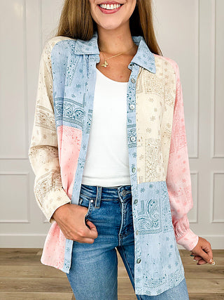 Women's patchwork rayon blend button-up top, long sleeves; pastel blue, pink, cream.