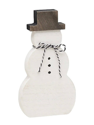 White wooden snowman shelf sitter with a dark brown top hat, twine scarf, and black buttons