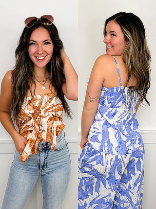 Printed tank top with thin straps, blue and rust abstract pattern