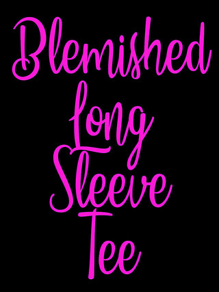 Long sleeve graphic tee shirt with pink "Blemished long sleeve tee" text