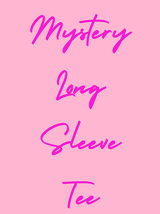 Long-sleeve graphic T-shirt with cursive “Mystery” text