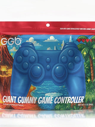 Blue gummy game controller candy in sealed bag