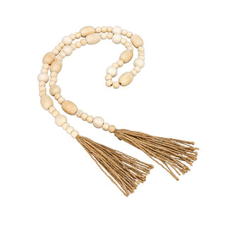 Natural beaded garland with light wooden beads and long tassel ends