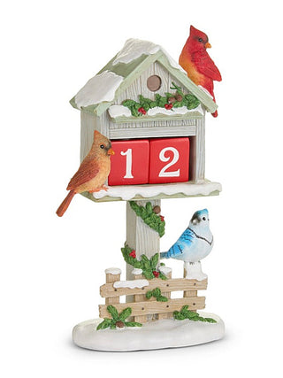 White resin holiday bird nesting house decor with cardinals and number blocks 1-2