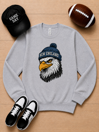 Grey long-sleeve graphic crewneck sweatshirt with New England eagle logo