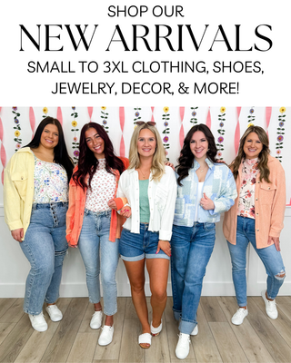 S Five women posing together in new bright & fresh Spring apparel with promotional text: Shop our New Arrivals. Small to 3XL clothing, shoes, jewelry, decor, & more!
