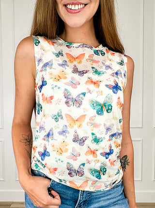 Sleeveless tank top with colorful butterfly print, high round neckline