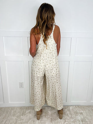Cream cotton-blend overalls, back view, adjustable straps, wide-leg floral print
