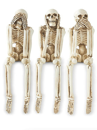 White resin skeleton decor set, three standing figures with poseable arms