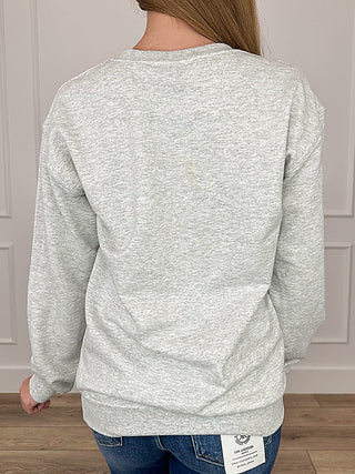 Grey crewneck sweatshirt with long sleeves, plain back view