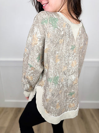 Off the Grid Cotton Blend Long Sleeve Camo Avery Mae Weekender Top (view 2) | Avery Mae Boutique