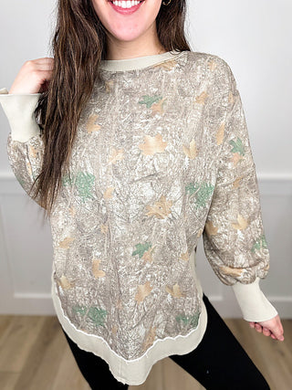 Off the Grid Cotton Blend Long Sleeve Camo Avery Mae Weekender Top | Avery Mae Boutique