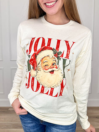 Cream cotton long-sleeve graphic T-shirt with festive Santa front print