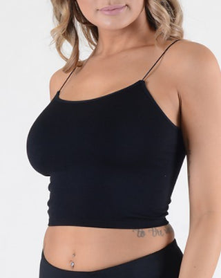 Black cropped tank top with thin spaghetti straps and scoop neckline
