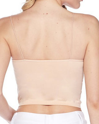 Nude cropped tank top, back view with thin spaghetti straps