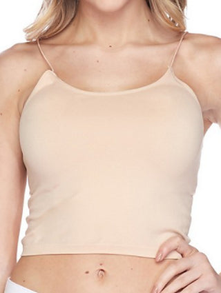 Nude cropped tank top with thin spaghetti straps and scoop neckline