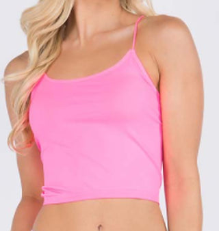 Pink cropped tank top with thin spaghetti straps and scoop neckline